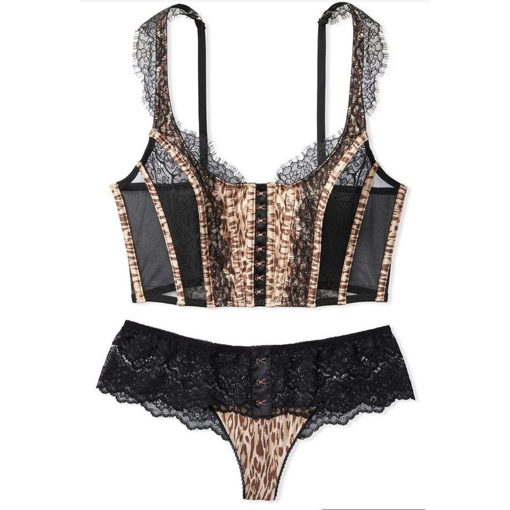 Victoria's Secret CORSET LACE BRA TOP S-DD Thong S Set Black Leopard $108‎